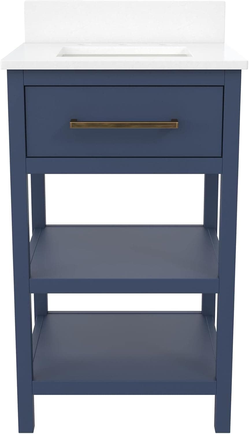 REALROOMS Pisa 20 Inch Bathroom Vanity with Carrera Countertop & 2 Storage Shelves, Navy Blue