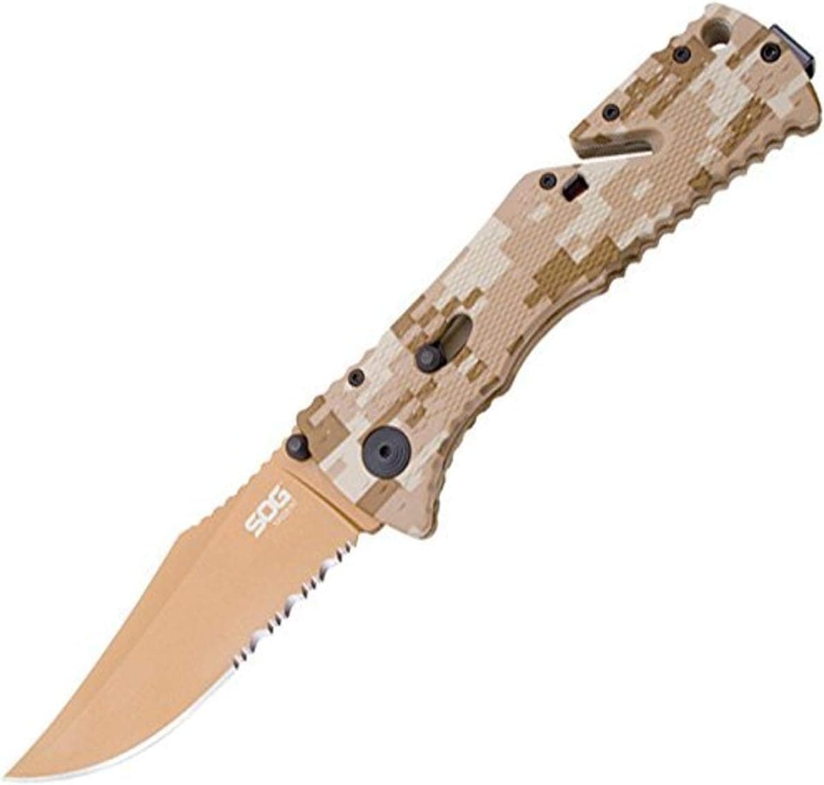 SOG Trident Assisted Folding Knife TF5-CP - Copper TiNi 3.75" Partially Serrated Blade, Desert Digi Camo GRN Handle