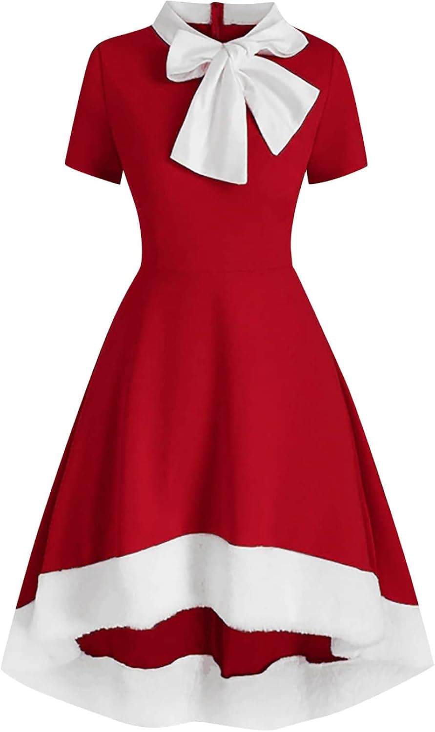 Vintage Christmas Dress for Women Casual Patchwork Bow Rockabilly Dresses Xmas Mrs Santa Claus Party Cocktail Dress
