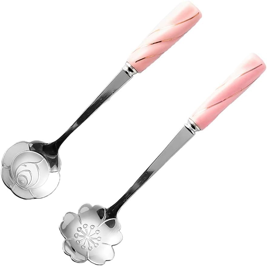 Stainless Steel Dessert Ice Cream Spoon, Rice Spoon, Soup Spoon, Coffee Spoon (6 Pieces of Silver Petal Spoon) Suitable for Coffee, Family Party, Celebration, Wedding or Daily Use (Pink)