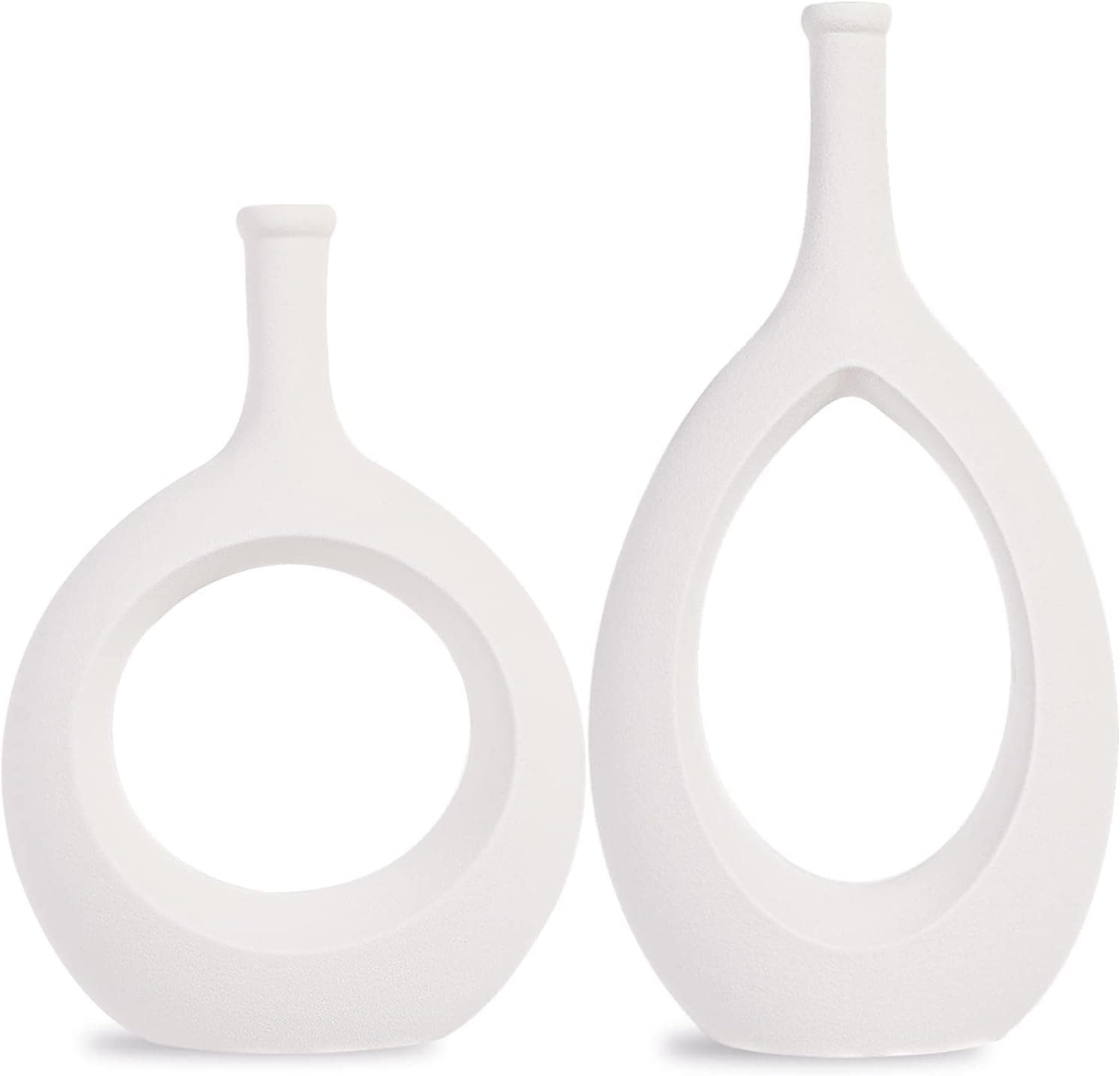 CERANEE White Hollow Vase Set of 2, Oval Vases for Centerpieces Decor, Frosted Geometric Ceramic Flowers Vase with Hole in Center for Home Décor Office Decoration Figurines Ornament, 1st Gen
