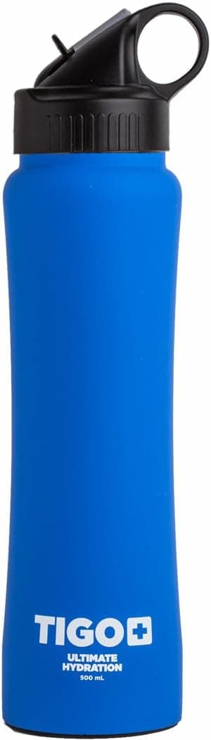 tigo+ Stainless Steel Doble Wall Insulated Water Bottle, Flip Premium Straw, BPA Free, Keep Cold Drinks for up to 24 Hours, Matte Black Finish lid, Rubber Finish Sweat-Proof Blueberry-Pomegranate