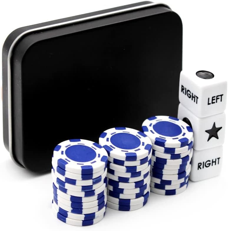 Annietfr Left Right Center Dice Game Set with 3 Dices + 30 Blue Poker Chips + Black Storage Carry Tin