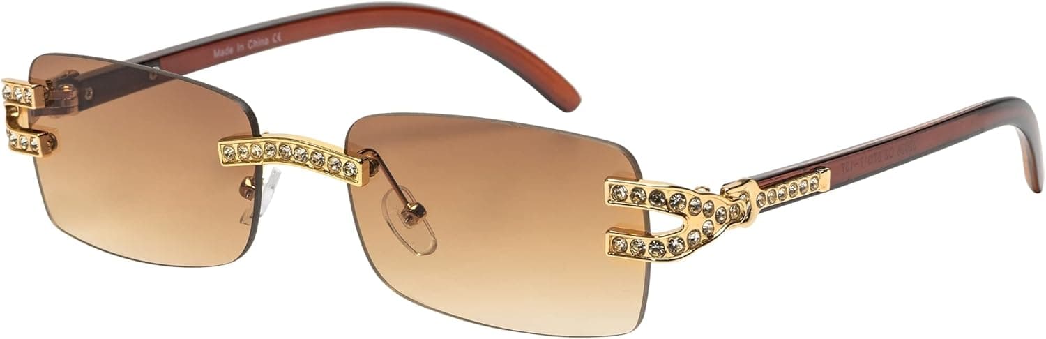 Retro Vintage Style Rimless Clear Lens Sunglasses for Women & Men Luxury Glasses Fashion Crystal Wood Eyewear Shades