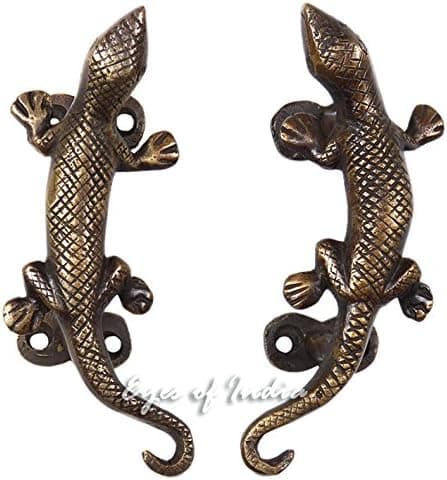 Eyes of India - 5" Pair Brass Lizard Door Handles Cabinet Pulls Bronze Antique Indian Bohemian Accent Boho Chic Handmade
