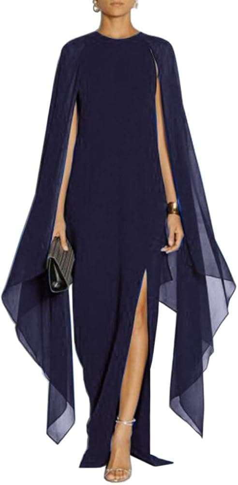 MAYFASEY Women's Elegant High Split Flare Sleeve Formal Evening Gowns Maxi Dress with Cape