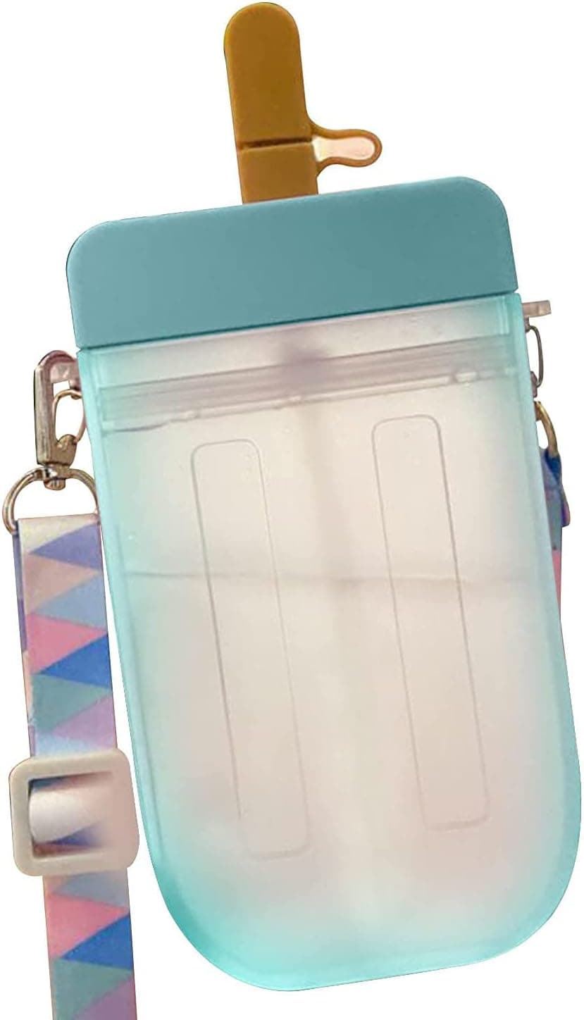 300 ML Cute Water Bottle with Straws,Colorful Popsicle Shaped Plastic For Kids Drinking Water,Creative Outdoor Sport Cup (Blue)