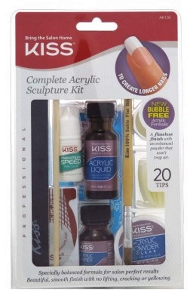 Complete Acrylic Sculpture Kit-Starter Nail kit with Maximum Speed Nail Glue / Acrylic primer/Acrylic Liquid/Acrylic Powder/20 Natural Nail Tips/20 Nail Forms/Brush/Nail File and White Buff Block by Kiss