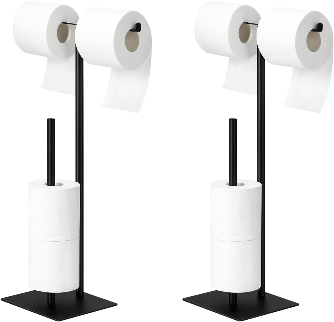 Set of 2 Toilet Paper Holder Stand, Toilet Tissue Holder for Bathroom, Free Standing Toilet Paper Roll Holder, (Black)