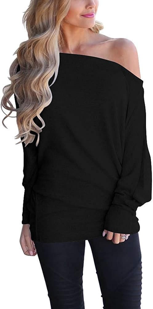 Sipaya Knit Fall Sweaters for Women Trendy Batwing Off Shoulder Tunic Tops Black XL