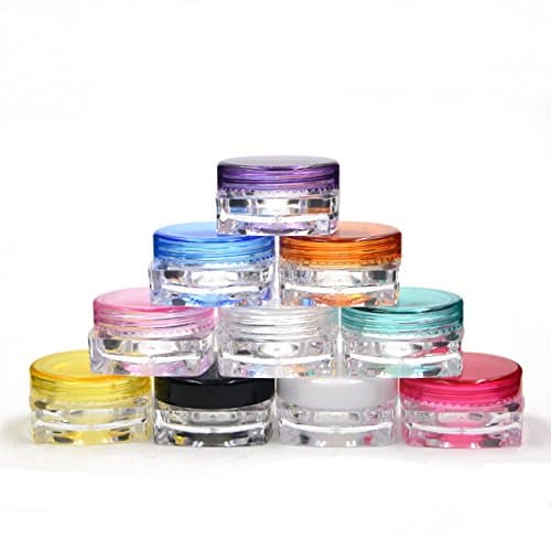 10 Grand Parfums 3g gram Colored Caps on Clear Jars, 3mL Empty Cosmetic Jars Lip blam, Lip Gloss, Clear with Colorful Lids, Tiny Mini Pot High Quality Eyeshadow
