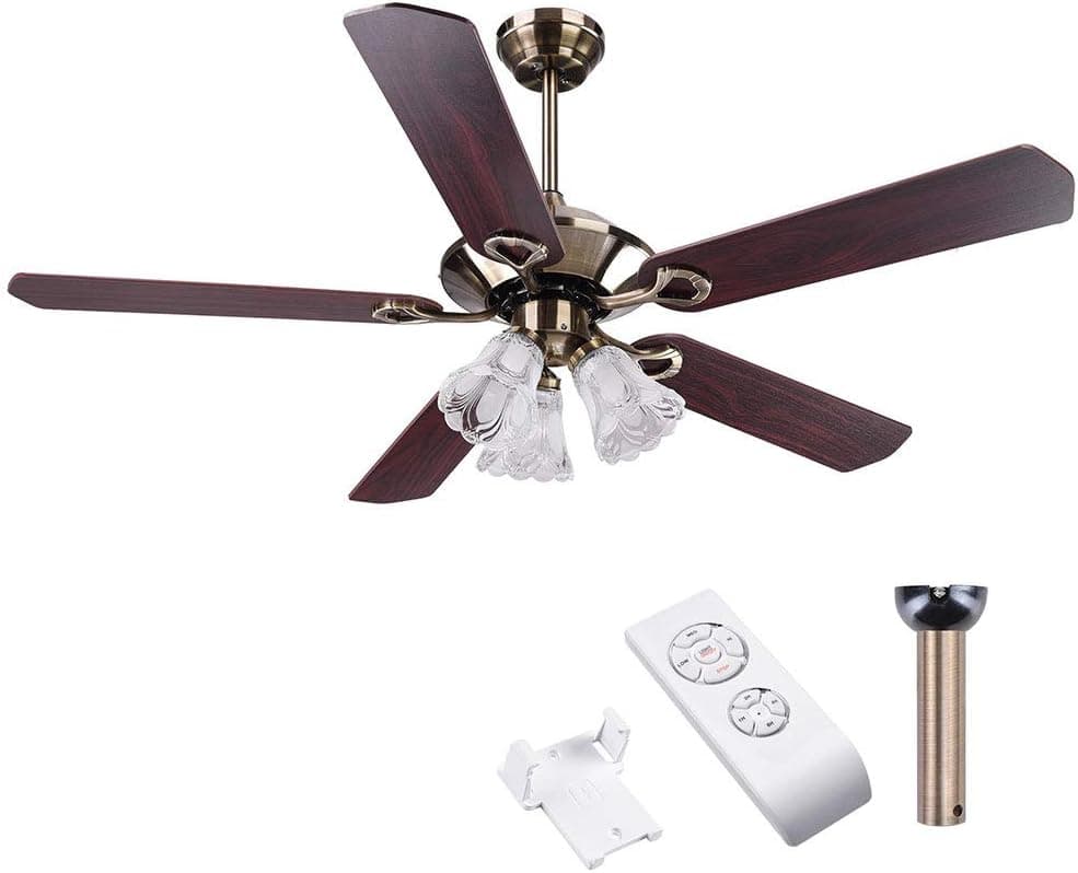 Yescom 52" 5 Blades Ceiling Fan with Light Kit Frosted Glass Downrod Antique Bronze Reversible Remote Control