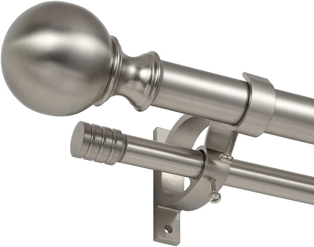 Double Curtain Rod for Windows 36-72", Adjustable Double Drapery Rod with Round & Barrel Finials, Brushed Nickel Decorative Curtain Rod, 1-Inch Front and 5/8 Inch Diameter Back Window Curtain Rod