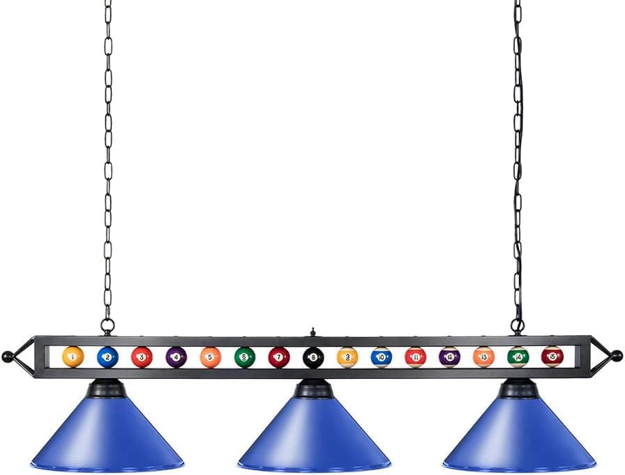Wellmet 59'' Hanging Pool Table Light Fixture for Game Room Beer Party, Ball Design Metal Billiards Light with 3 Lamp Shades, Suitable for 7~9 Foot Pool Tables (Blue)