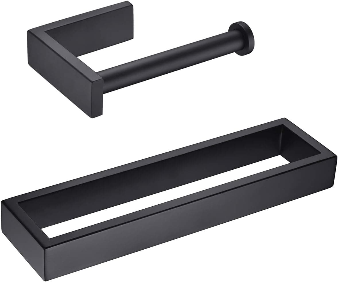 Hoooh Matte Black 2-Piece Bathroom Accessories Set Stainless Steel Wall Mount - Includes Towel Rings, Toilet Paper Holder, BS110S2-BK