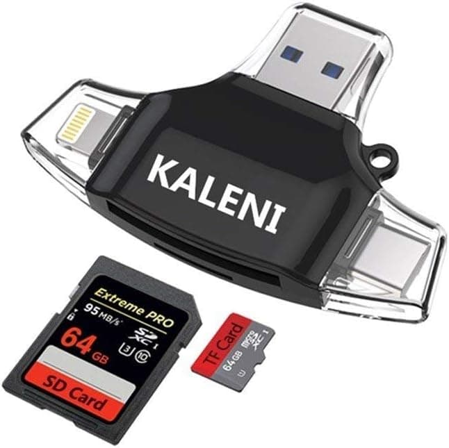 KALENI SD Card Reader,Memory Micro SD Card Reader USB Type C Adapter Viewer Compatible with iPhone iPad Android Mac - with Lightning Micro USB Type C 4 in 1 (Black)