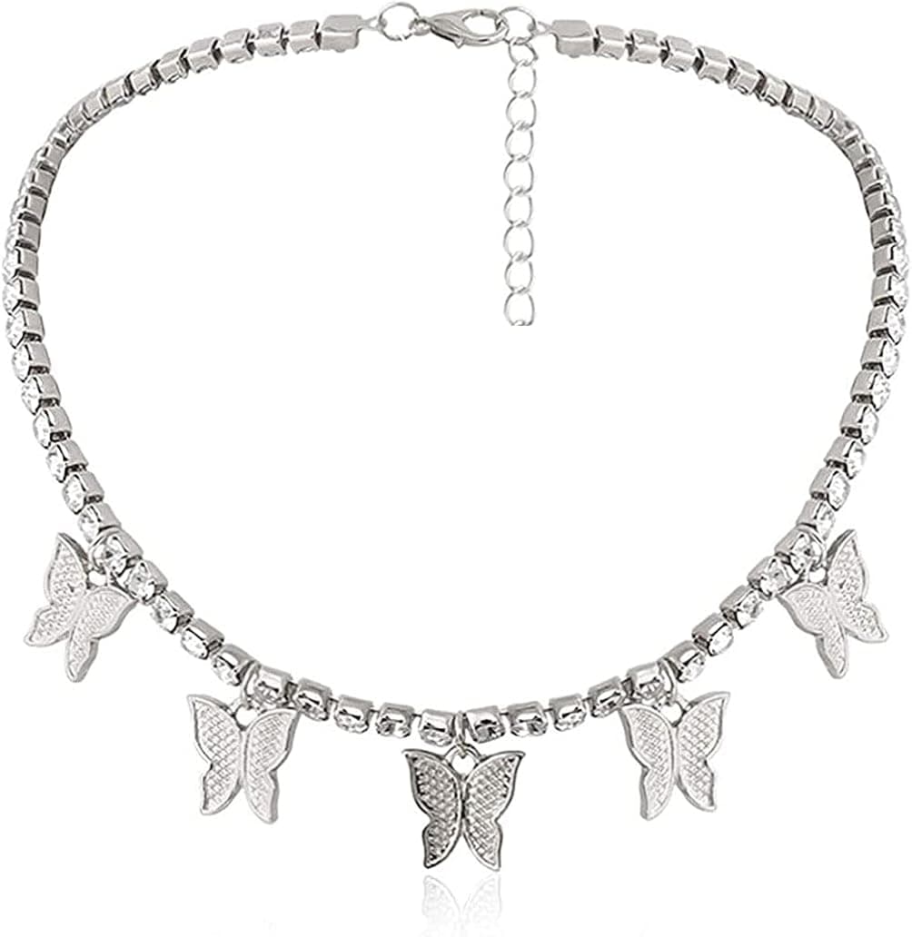 FONJOSN Hip Hop Rhinestone Butterfly Pendant Necklace Women Charm Gold Silver Chain Choker Necklaces Shiny Crystal Necklace Jewelry Gifts