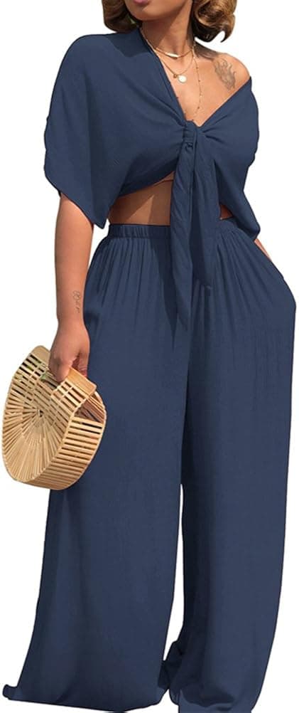 AEL Womens Sexy Tie Crop Top Wide Leg Long Pants 2 Piece Outfits Summer Short Sleeve Jumpsuits Set