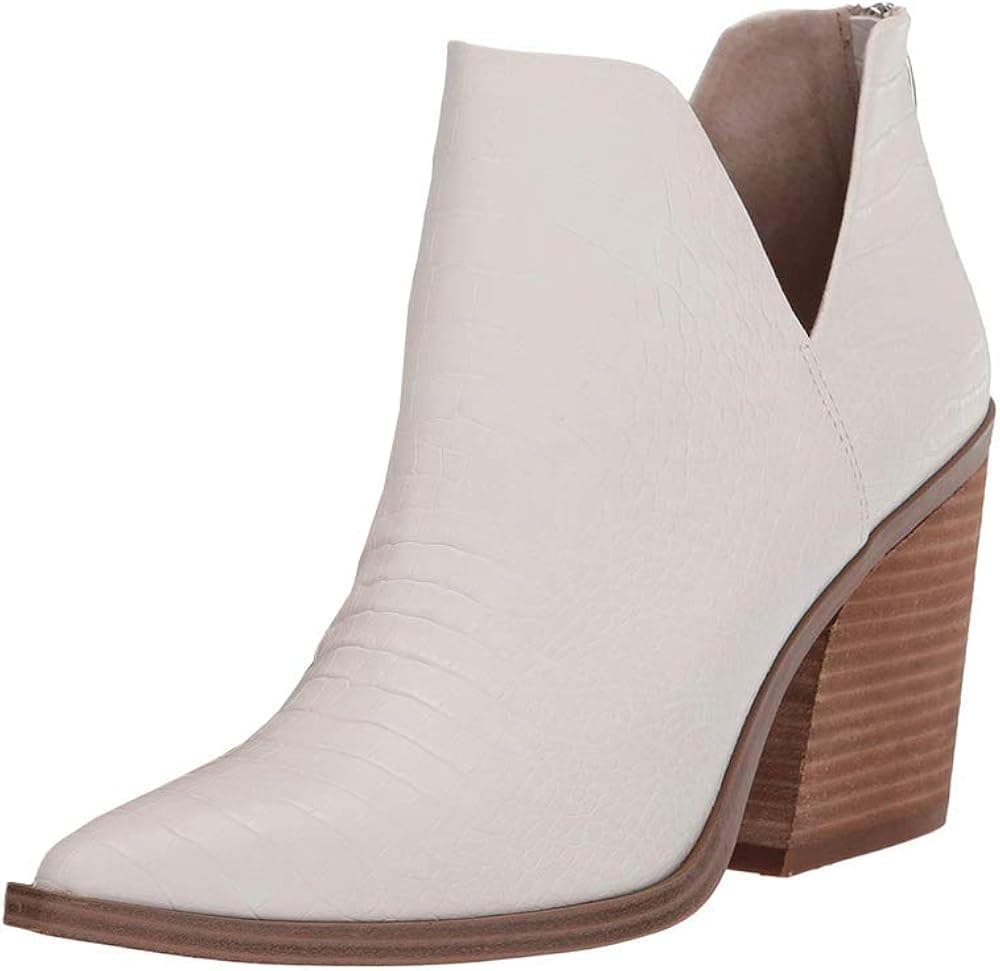 Kathemoi Womens Ankle Boots Slip on Cutout Pointed Toe Snakeskin Chunky Stacked Mid Heel Booties