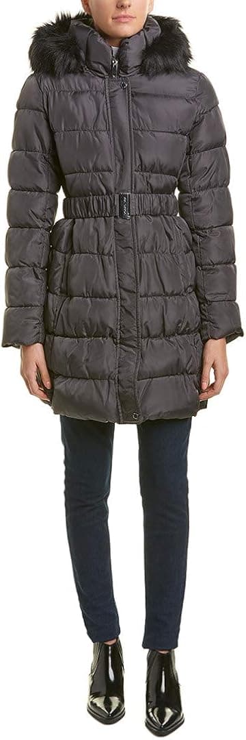 VIA SPIGA Women's Three Quarter Belted Puffer Jacket with Faux Fur Trimmed Hood
