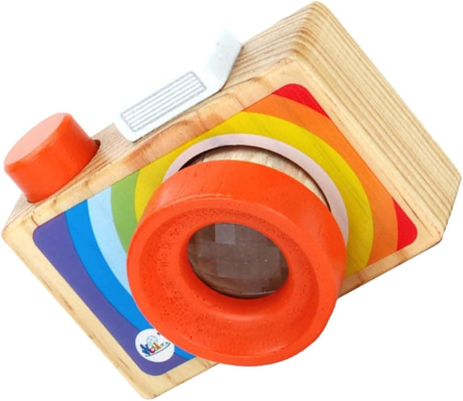 NUOBESTY Mini Wooden Camera Toy Photographed Prop with Multi- Prism Kaleidoscope Pictures Lens Kaleidoscope for Friends Family Kids Room Decor
