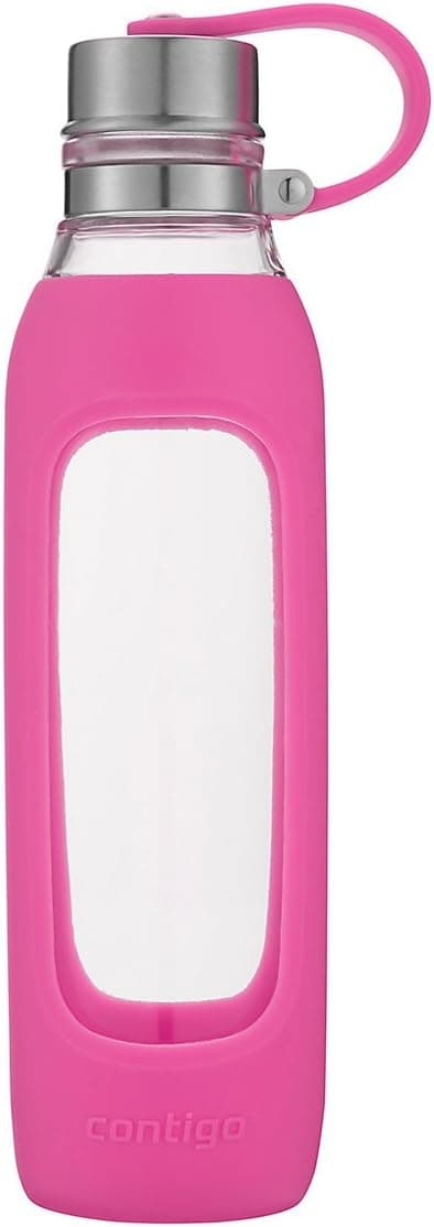 Contigo Purity Glass Water Bottle, 20oz, Very Berry with Silicone Tether