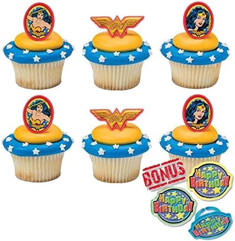 Bundle of Fun Wonder Woman Amazing Amazon Cupcake Toppers and Bonus Birthday Ring - 25 Piece