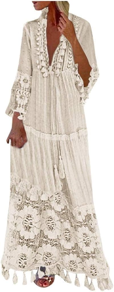 Bohemian Dress for Women V Neck Long Sleeve Tassel Plus Size Long Lace Dress Vacation Beach Ethnic Style Maxi Dresses