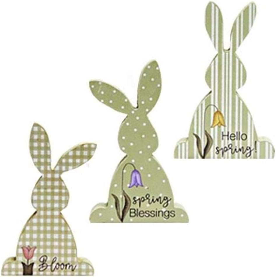 HAPPY DEALS ~ 3 pc Set | Easter Bunny Wooden Shelf Sitters | 5 inch Farmhouse Style Chunky Spring Bunny Decor