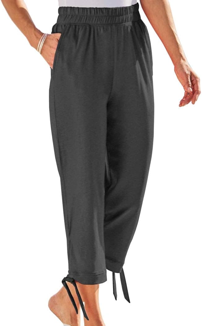 AmeriMark Women's Side-Tie Pants – 100% Cotton Capris with Stretch Elastic Waist