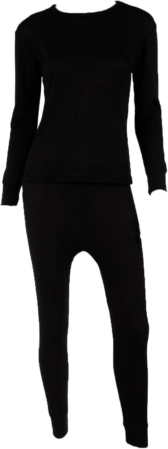 WUHOU Women's 100% Cotton Thermal Underwear Two Piece Long Hons Set-Medium-Black