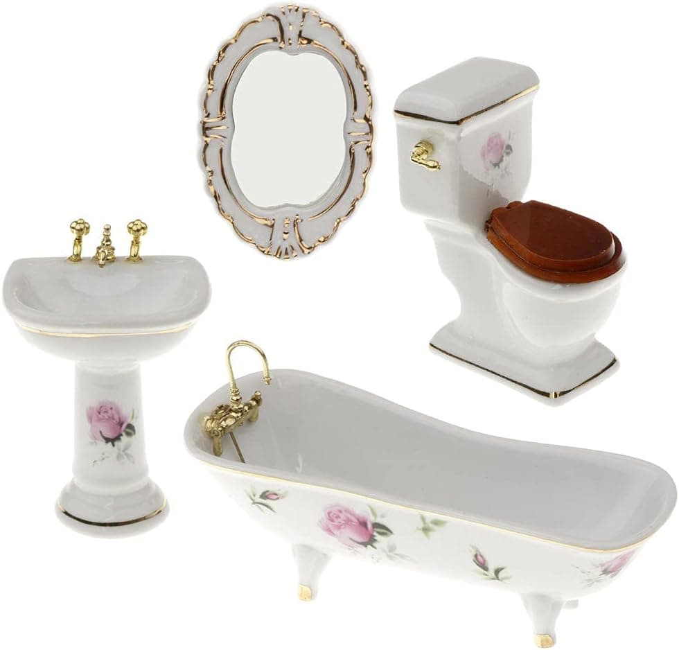 Fityle 4pcs Bathroom Decor Toilet Bathtub Set Dollhouse Miniature Accessories for 1:12 #5