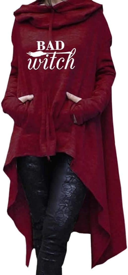 Dropeon Women's Bad Witch Halloween Pullover Long Hoodie Irregular Hem Loose Tunic Sweatshirts