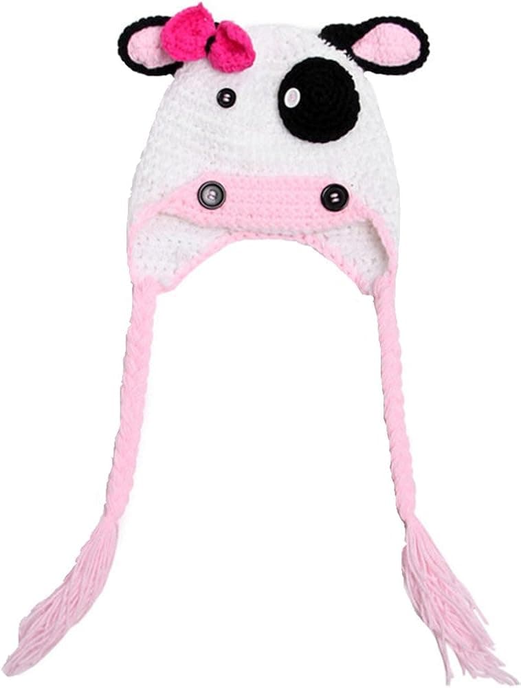 Qandsweet Baby Girl's Crochet Woolly Cute Cow Hat White