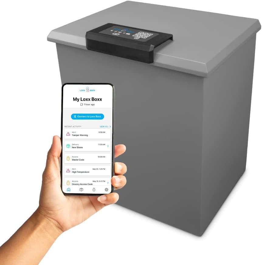 Loxx Boxx Classic (Medium) is a Secure Package Delivery Box with an App That manages Access, Deliveries, Tamper, and Monitors Temperature. All with Notifications to Your Phone!