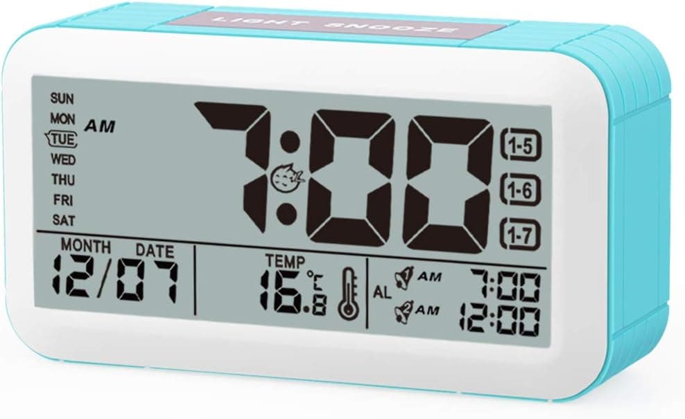 Aitey Alarm Clock for Kids, LED Large Display Clock with Temperature, Optional Weekday Alarm, Snooze and Smart Back Light for Bedroom, Desktop and Shelf, Battery Operated Clock (Blue)