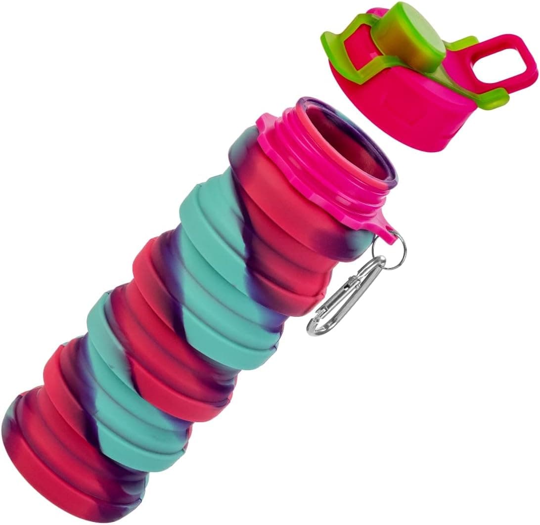 NISUS Collapsible Food Grade Silicone Water Bottle 16oz BPA Free Leak Proof Reusable Carabiner for Hiking Travel, Gym, Camping, Fishing 500 ml (Sky Pink Camouflage)