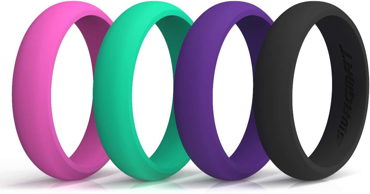 Swagmat Women’s Silicone Wedding Ring – 4 Ring Pack – Black, Boulder Gray, Seashell White, Royal Purple - 5.5 mm Width - 2 mm Thickness