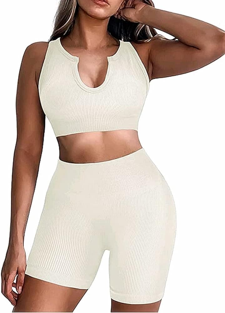 Seamless Workout Sets for Women 2 Piece Ribbed Sport Bra Crop Tank High Waist Running Shorts Gym Clothes Yoga Outfits