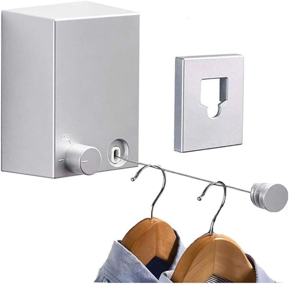 Retractable Clothesline Adjustable 13.8 Feets Stainless Steel Rope, Drill-Free & Wall Mounted Method Heavy Duty Clothes Dryer with Glue and Screws Suitable for Indoor/Outdoor(Silver)