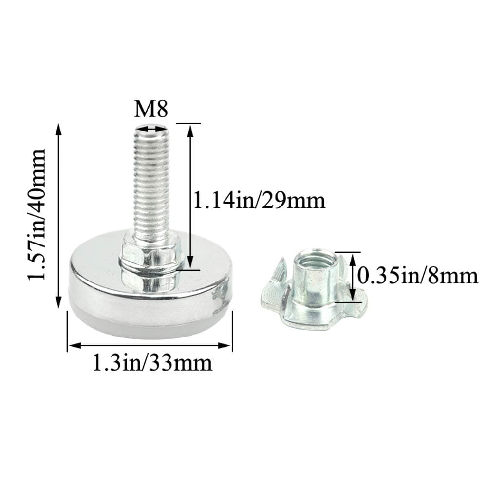 TOVOT 8 PCS M8 33mm Furniture Leveling Feet Table Feet Screw on Adjustable Furniture feet Levelers for Chair Cabinet Sofa (Sliver)