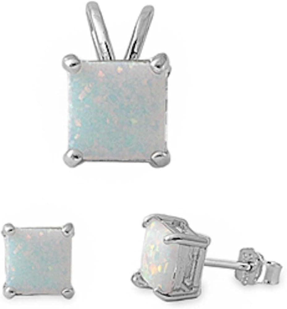 Oxford Diamond Co Princess Cut Simulated Gemstone Pendant & Earring .925 Sterling Silver Solitaire Set
