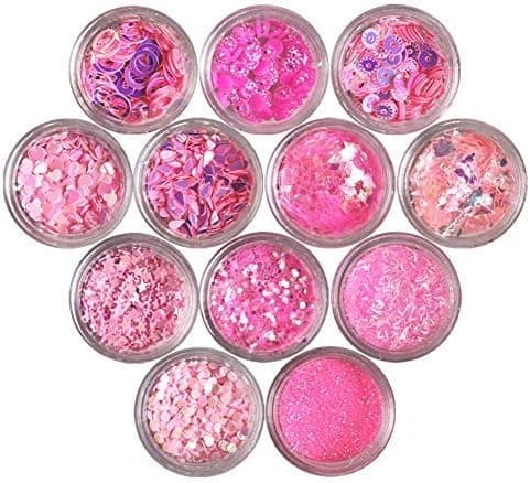 Nail Glitters Nail Art Flakes 12 Boxes Various Styles Chunky Cosmetic Glitter Hexagon Festival Sequins for Face Body Hair and Eye Make Up (Pink)