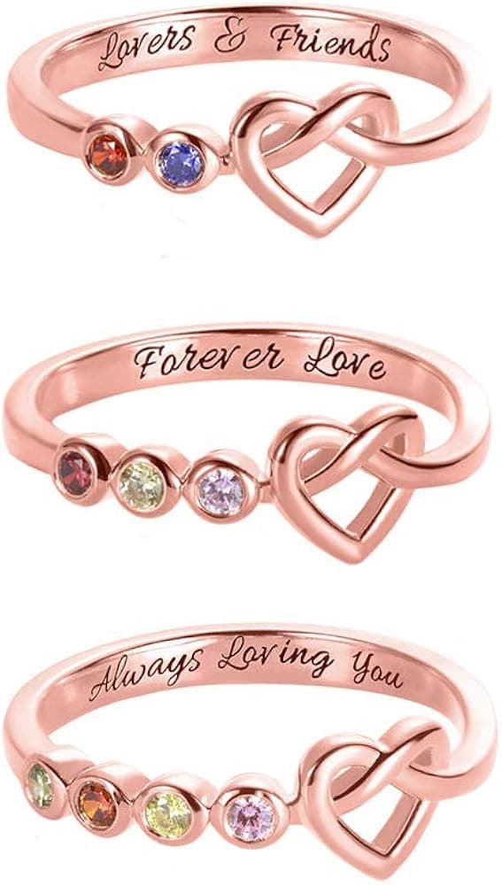 AILIN Knot Love Rings with 2-4 Birthstones 925 Sterling Silver Heart Rings Wedding Bands Promise for Women Mother Couple Family Valentine' Day Gifts
