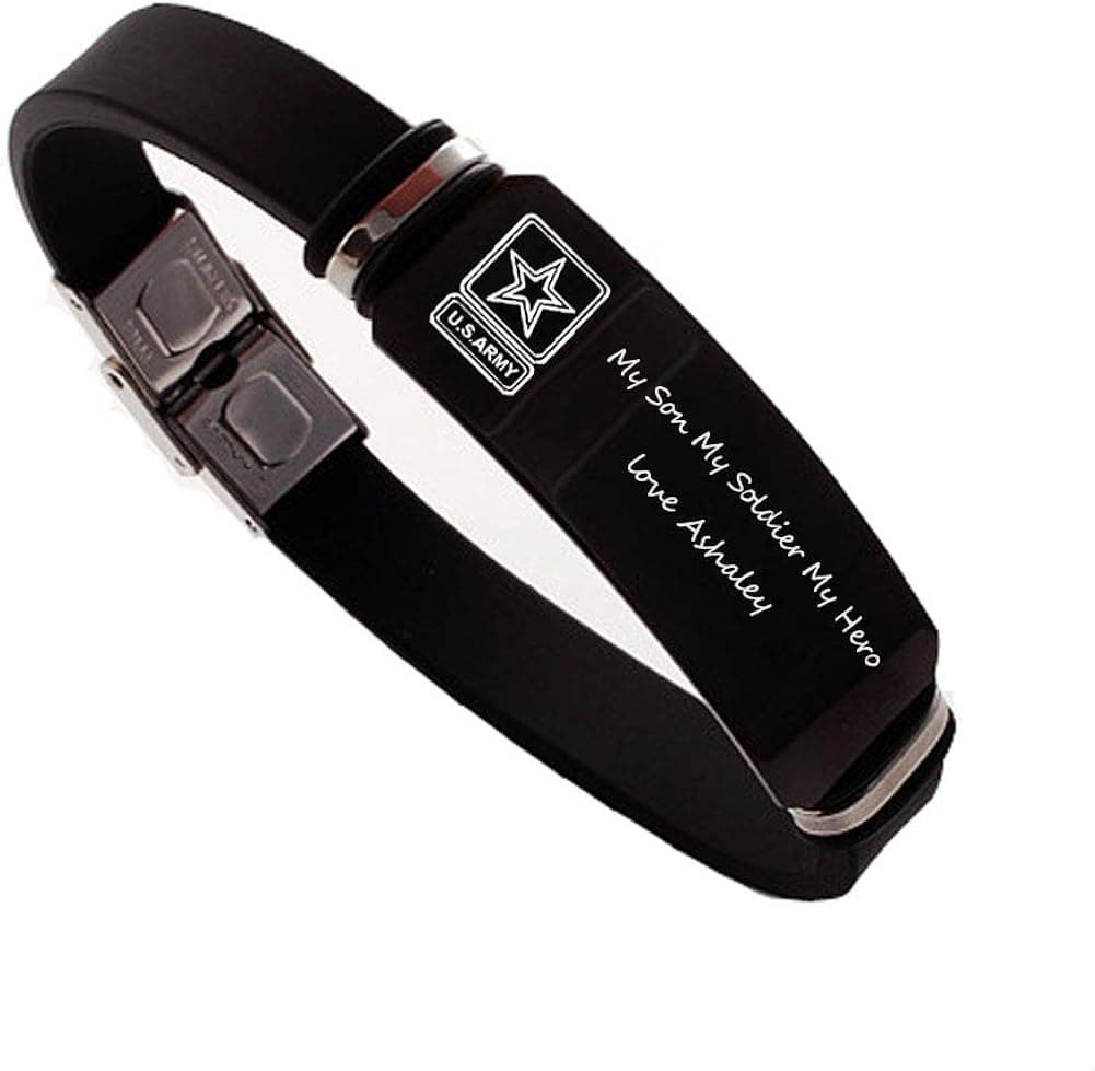 Personalized Military Jewelry Stainless Steel and Rubber Bracelets Engraved Army Sign Deployment Gift Black
