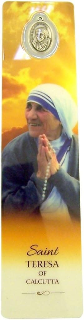 Religious Gifts Laminated Cardstock Saint Teresa of Calcutta Holy Card Bookmark with Medal, 7 3/8 Inch
