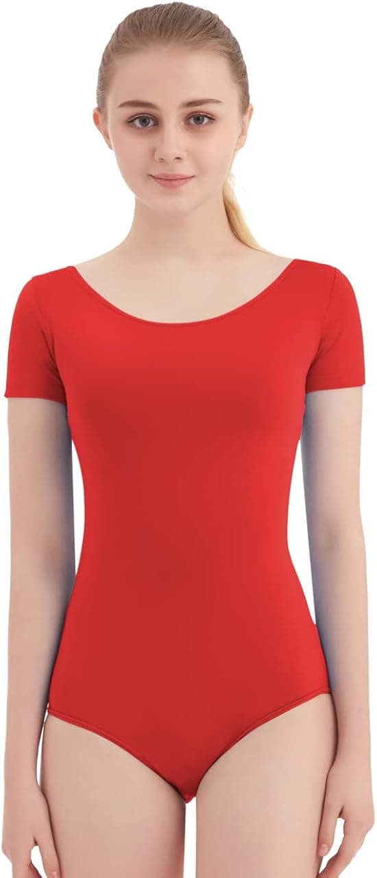 SUPRNOWA Women's Scoop Neck Spandex Short Sleeve Leotard