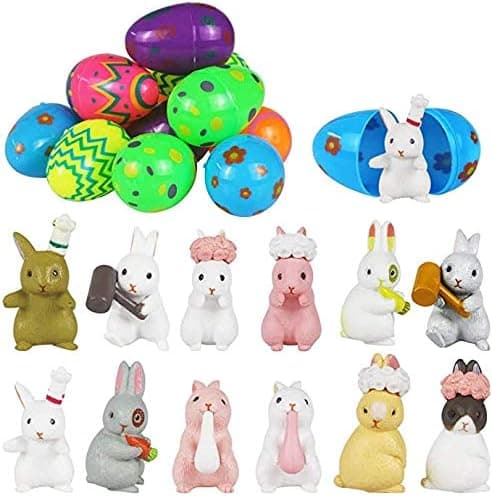 Kithouse 12 Pcs Prefilled Easter Eggs with Bunny toys, Colorful Easter Eggs with toys inside for Easter Decorations, Kids Easter Egg Hunt Filler Stuffer