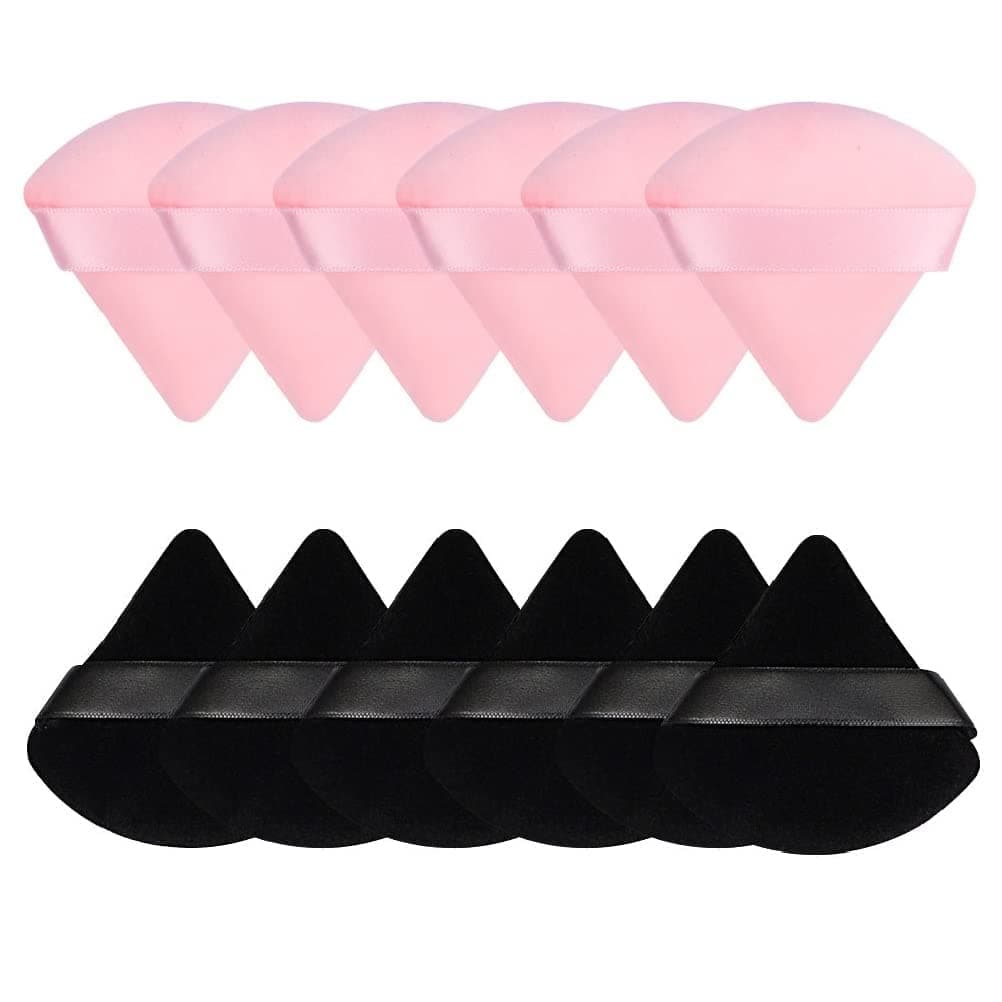 Pimoys 12 Pieces Powder Puff Soft Face Triangle Makeup Puffs for Loose Powder Body Cosmetic Foundation Sponges Beauty Makeup Tools,Made of Velour(Black+Pink)