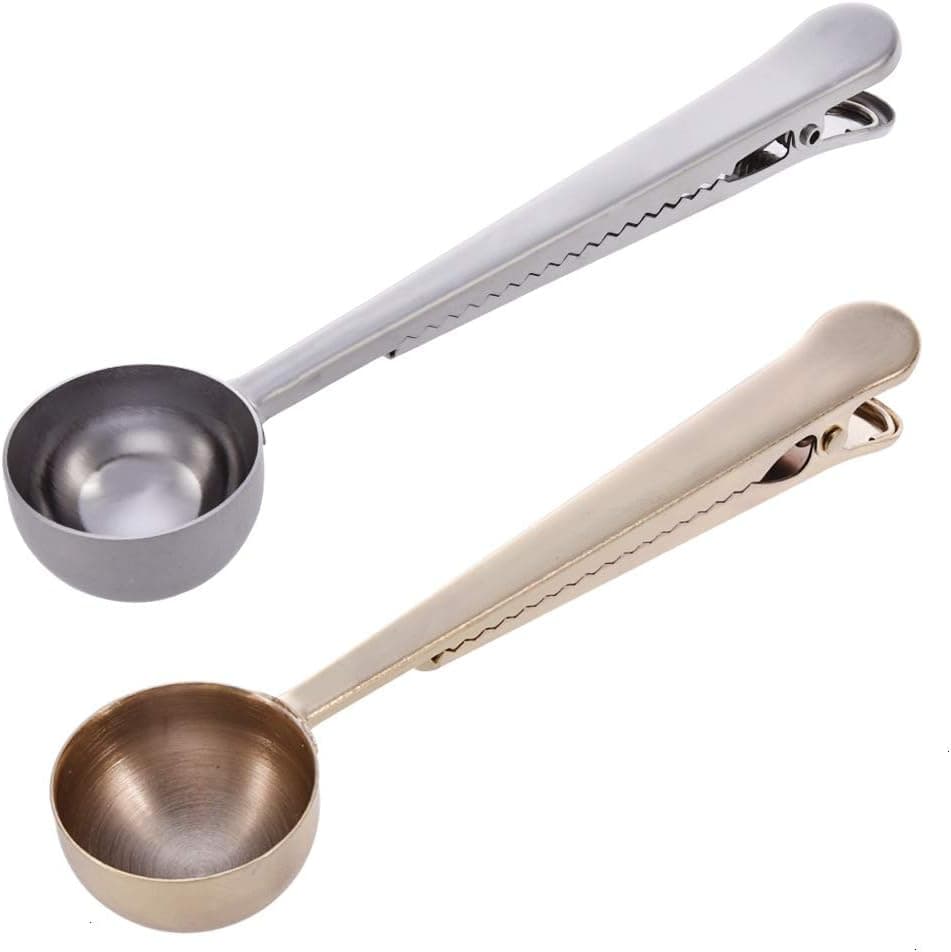 Coffee Scoop, 2 Pack 6.8 Inch Coffee Spoon with Clip Stainless Steel Long Handle Tea Spoons with Bag Clip Silver and Gold